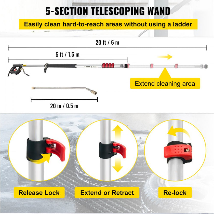 VEVOR Telescoping Pressure Washer Wand, 20 ft 5-Section Length Adjustable, Max. 4000 PSI Pressure, Fit for 3/8'' Quick Connection w/ Extension Wand, 5 Spray Nozzles, Belt, for Roof, Fence, Gutter