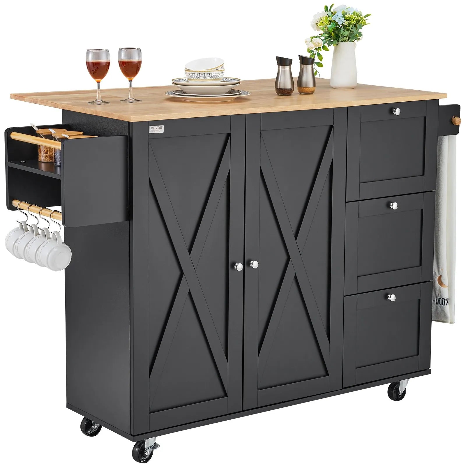 VEVOR Kitchen Island Cart Rolling Storage Cabinet on Wheel with Drawer & Shelves