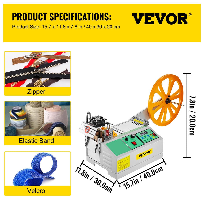 VEVOR Automatic Hot and Cold Tape Cutting Machine 440W 350°C Zipper Braided Tape Ribbon Cutter 100mm Metal Strip Precise Digital Belt Cutter for Nylon Plastic