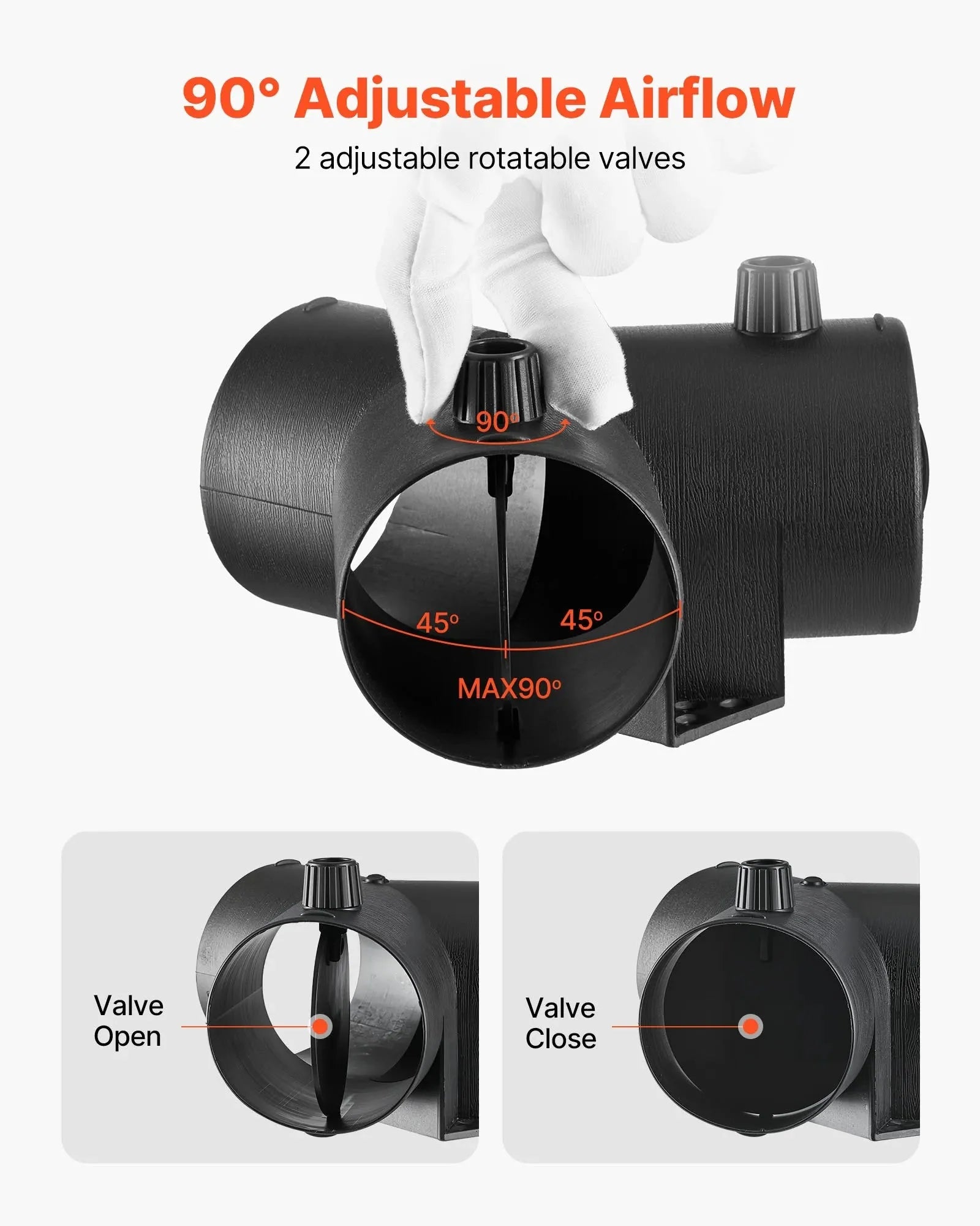 VEVOR 3-Inch Diesel Heater Duct Connector, Y Branch Air Vent Duct with Dual 90° Adjustable Valves, 3-Way Black Joint Connector for 2KW, 5KW, 8KW Diesel Heaters