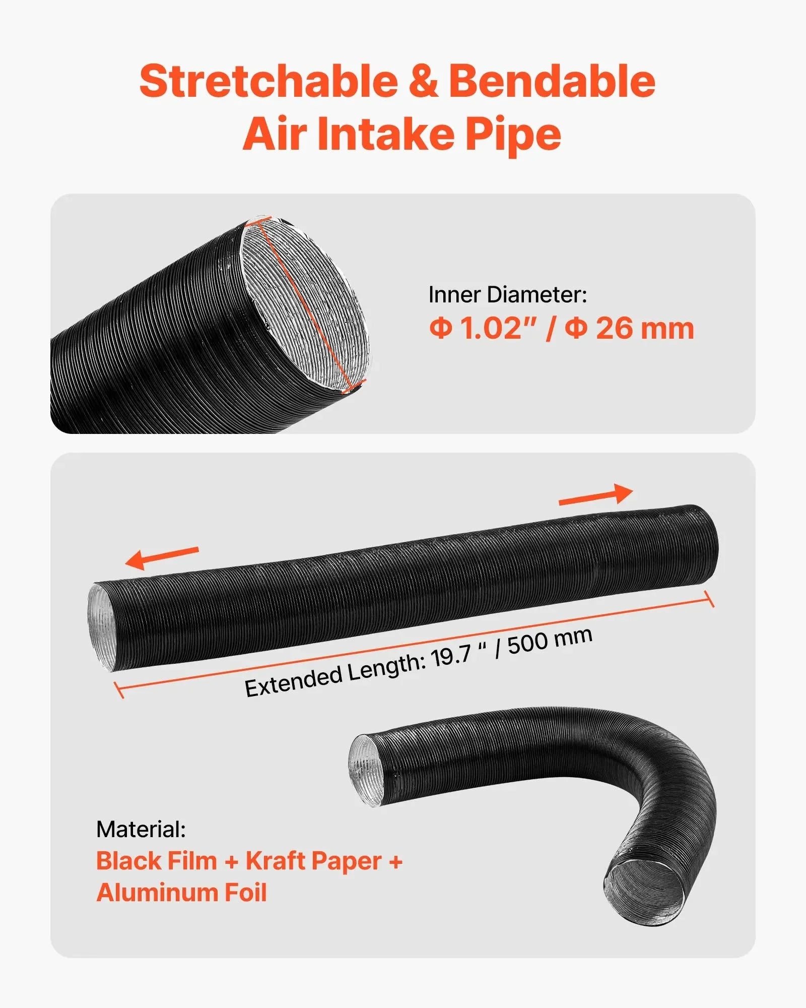 VEVOR Diesel Heater Intake Pipe Kit, 0.98 Inch Car Air Parking Heater Ducting Hose, Stretchable & Bendable Air Intake Filter Silencer for 2KW, 5KW, 8KW Diesel Heaters