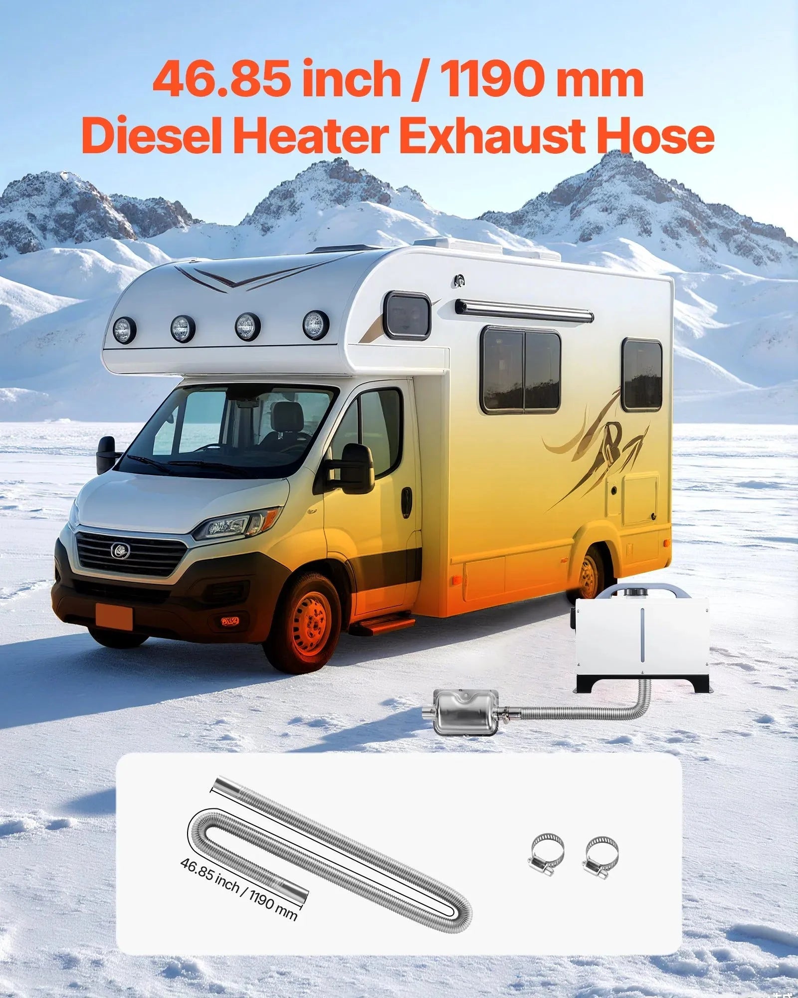 VEVOR Diesel Heater Exhaust Hose, 47.2 inch Stainless Steel Flexible Pipe with 2 Clamps for 2KW/5KW/8KW Diesel Heaters