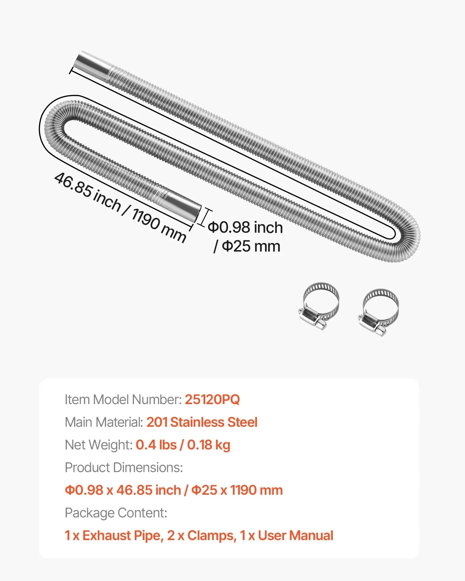 VEVOR Diesel Heater Exhaust Hose, 47.2 inch Stainless Steel Flexible Pipe with 2 Clamps for 2KW/5KW/8KW Diesel Heaters