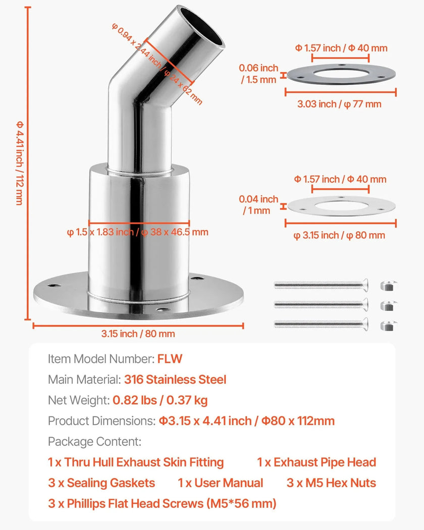 VEVOR Thru Hull Exhaust Skin Fitting – 0.94