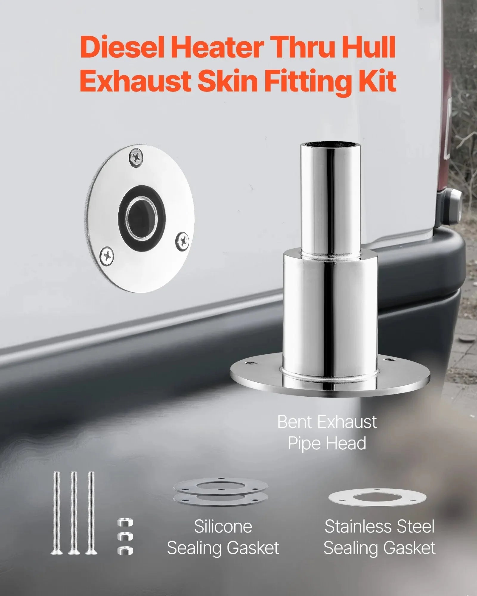 VEVOR Thru Hull Exhaust Skin Fitting – 0.94 Inch Straight Diesel Heater Exhaust Kit with Screws, Nuts & Gasket, 316 Stainless Steel