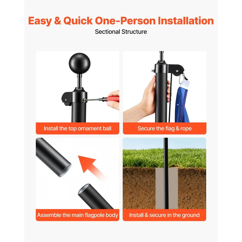 VEVOR 30 ft Heavy Duty Aluminum Flag Pole Kit for Outside, Sectional In-Ground Flagpole with Pulley System, PVC Ground Sleeve & Complete Hardware for Residential and Commercial Use, Black