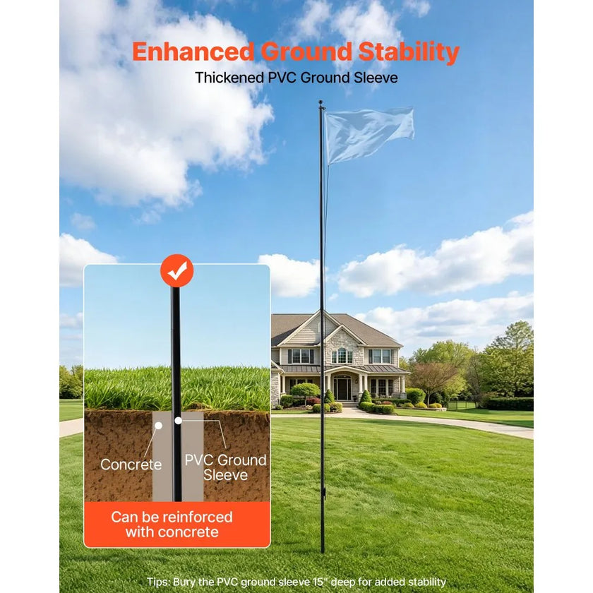 VEVOR 30 ft Heavy Duty Aluminum Flag Pole Kit for Outside, Sectional In-Ground Flagpole with Pulley System, PVC Ground Sleeve & Complete Hardware for Residential and Commercial Use, Black