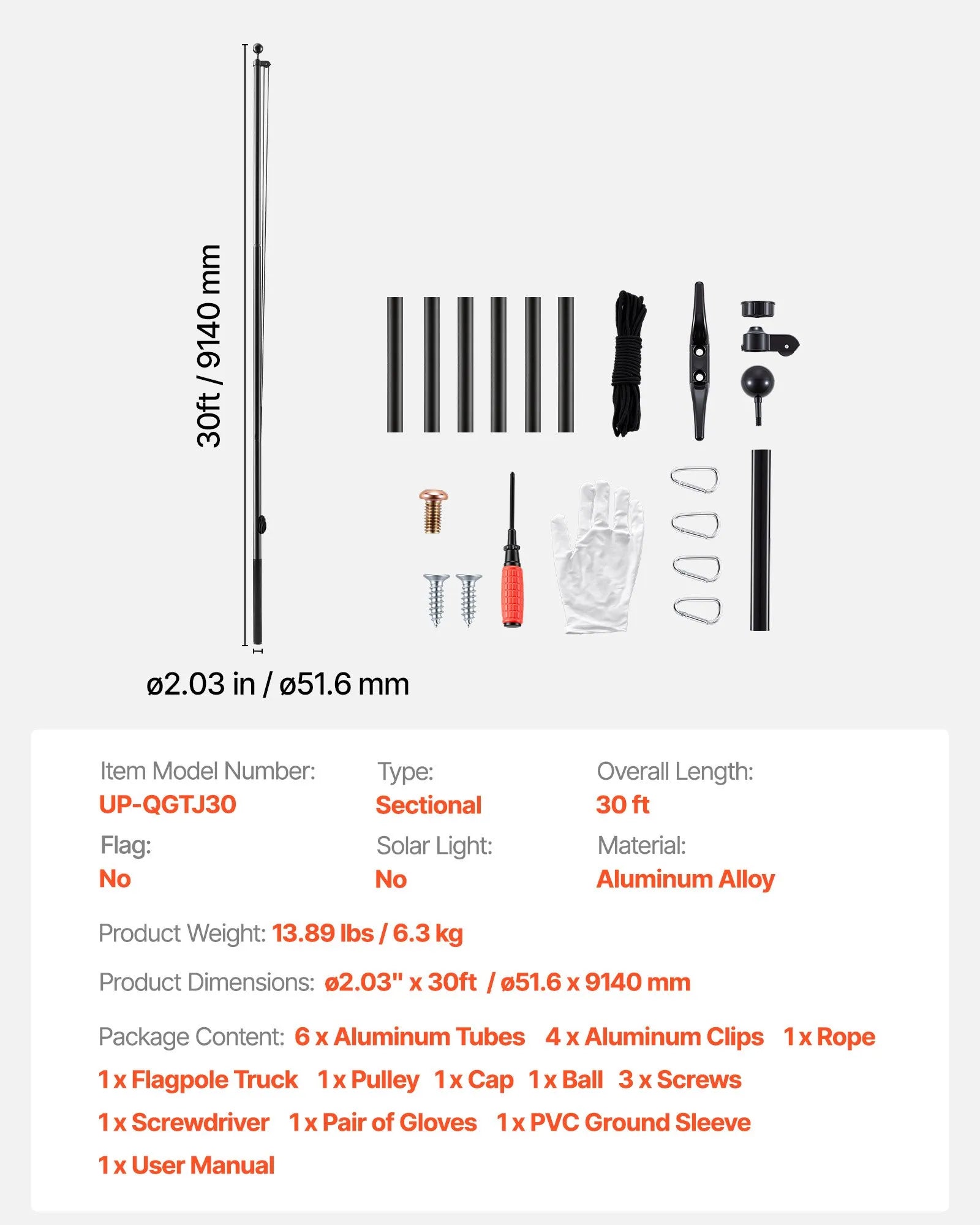 VEVOR 30 ft Heavy Duty Aluminum Flag Pole Kit for Outside, Sectional In-Ground Flagpole with Pulley System, PVC Ground Sleeve & Complete Hardware for Residential and Commercial Use, Black