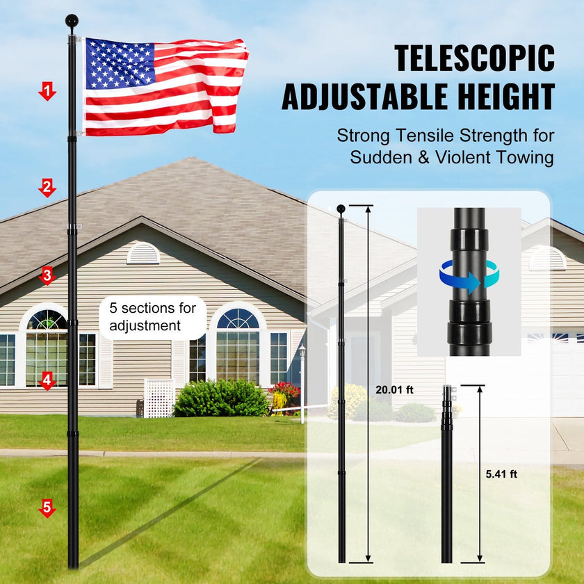 VEVOR 20FT Telescopic Flagpole Kit Heavy Duty Aluminum Flag Pole Black