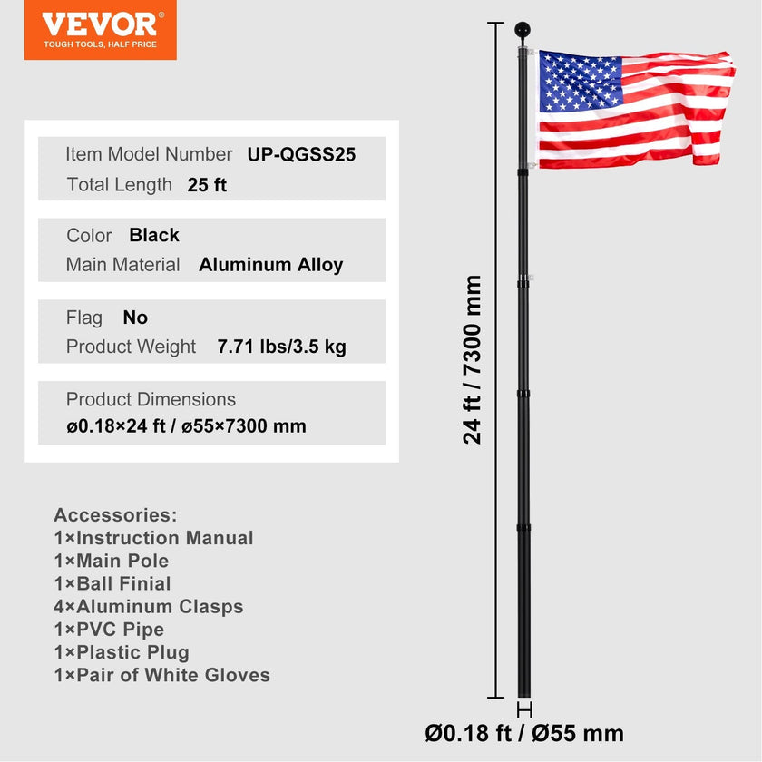 VEVOR 25FT Telescopic Flagpole Kit Heavy Duty Aluminum Flag Pole Black