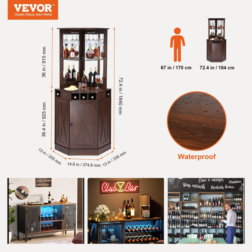 VEVOR Corner Industrial Bar Cabinet, Wine Table for Liquor & Glasses, Sideboard Buffet Cabinet with Glass Holder, Freestanding Farmhouse Wood Coffee Bar Cabinet for Living Room, Home Bar, Black Walnut