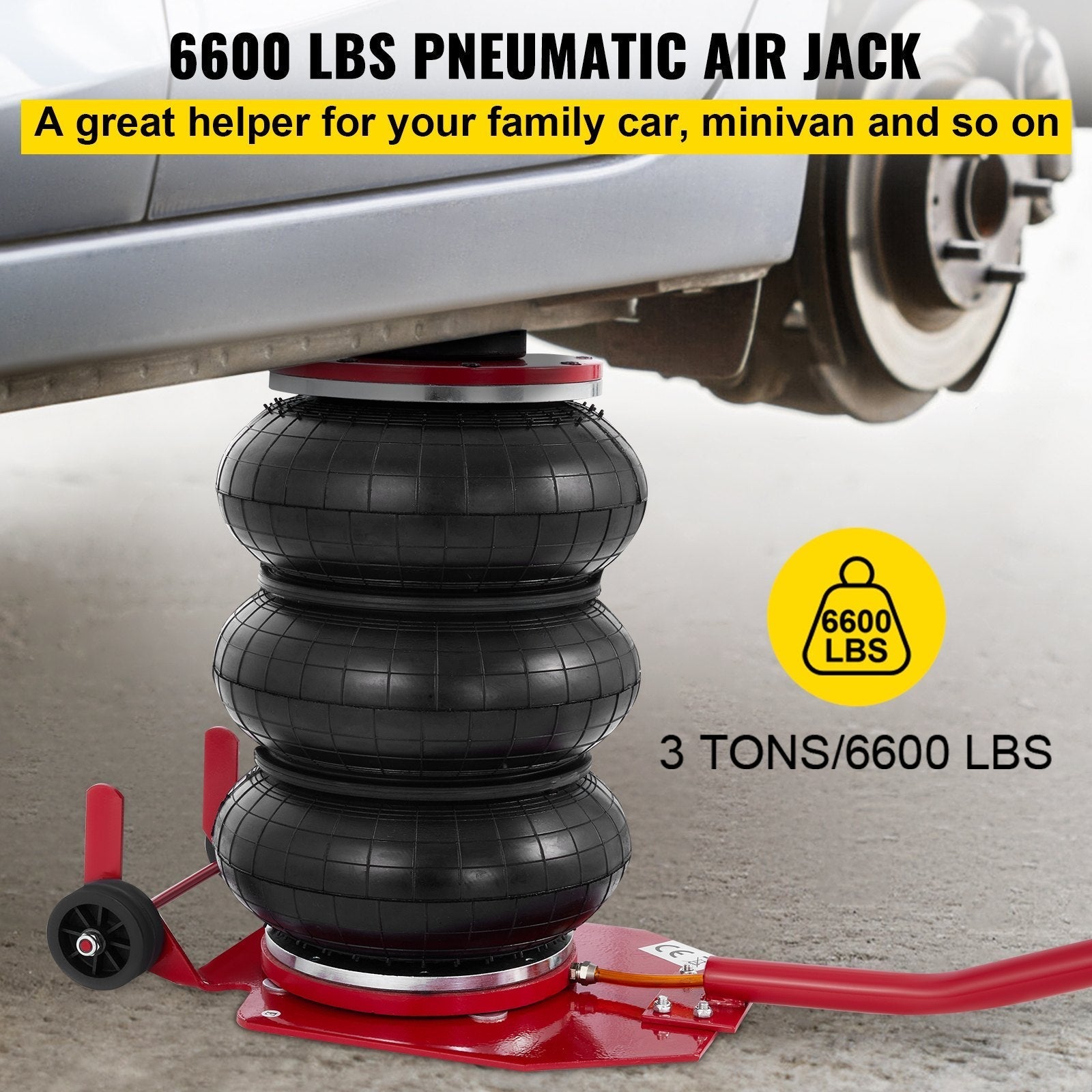 VEVOR Triple Bag Air Jack 3 Ton 6600lbs Pneumatic Car Jack Red Air Jack Portable Lifting Up to 16 Inch