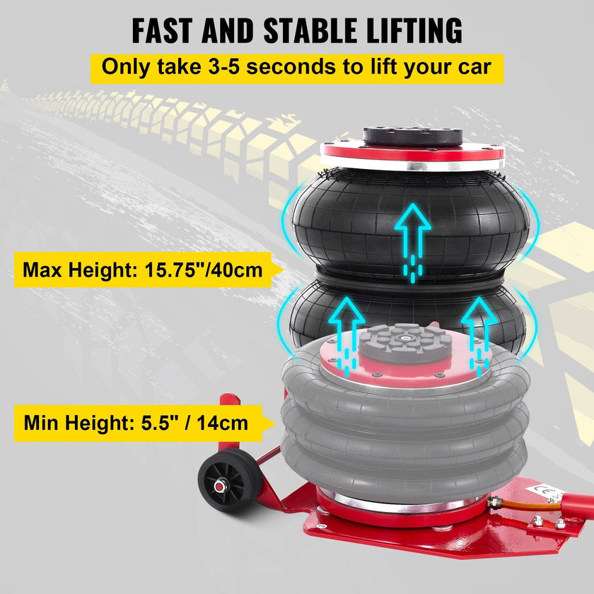 VEVOR Triple Bag Air Jack 3 Ton 6600lbs Pneumatic Car Jack Red Air Jack Portable Lifting Up to 16 Inch