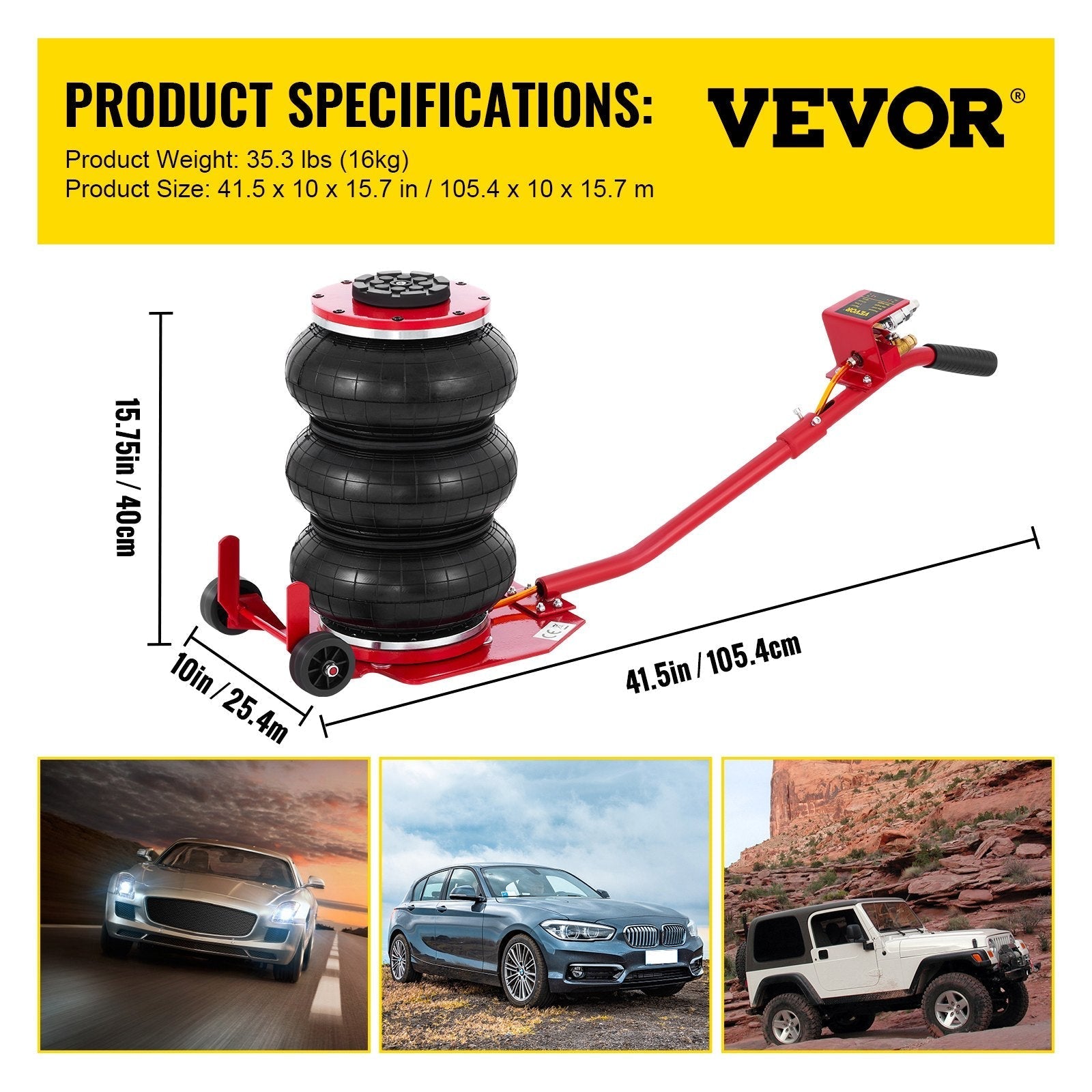 VEVOR Triple Bag Air Jack 3 Ton 6600lbs Pneumatic Car Jack Red Air Jack Portable Lifting Up to 16 Inch