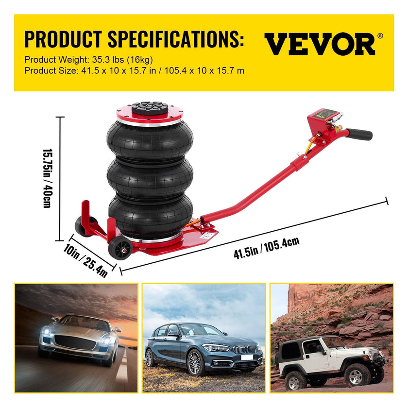 VEVOR Triple Bag Air Jack 3 Ton 6600lbs Pneumatic Car Jack Red Air Jack Portable Lifting Up to 16 Inch