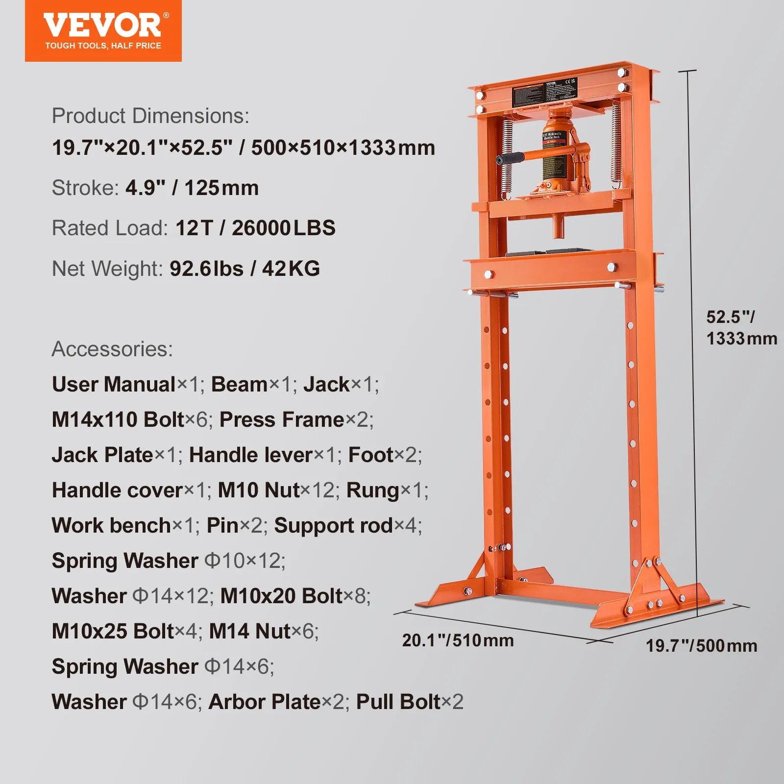 VEVOR Hydraulic Shop Press, 12 Ton H-Frame Hydraulic Garage/Shop Floor Press, Adjustable Shop Press with Press Plates, Heavy Duty Hydraulic Press for Garage, Shop, Workshop