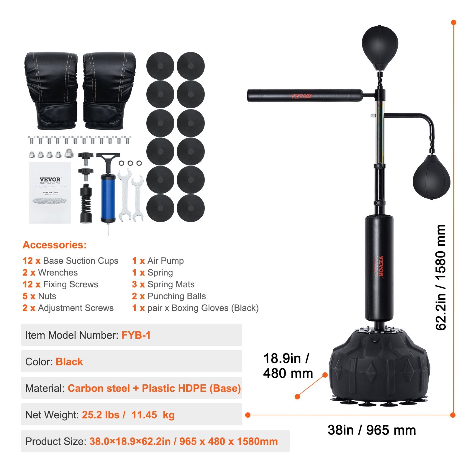 VEVOR Boxing Speed Trainer, Punching Bag with Stand, Reflex Boxing Bag for Teens & Adults, Height Adjustable Free Standing Strike Bag Set with Gloves, Workout Speed Bag for Home Gym Training, Black