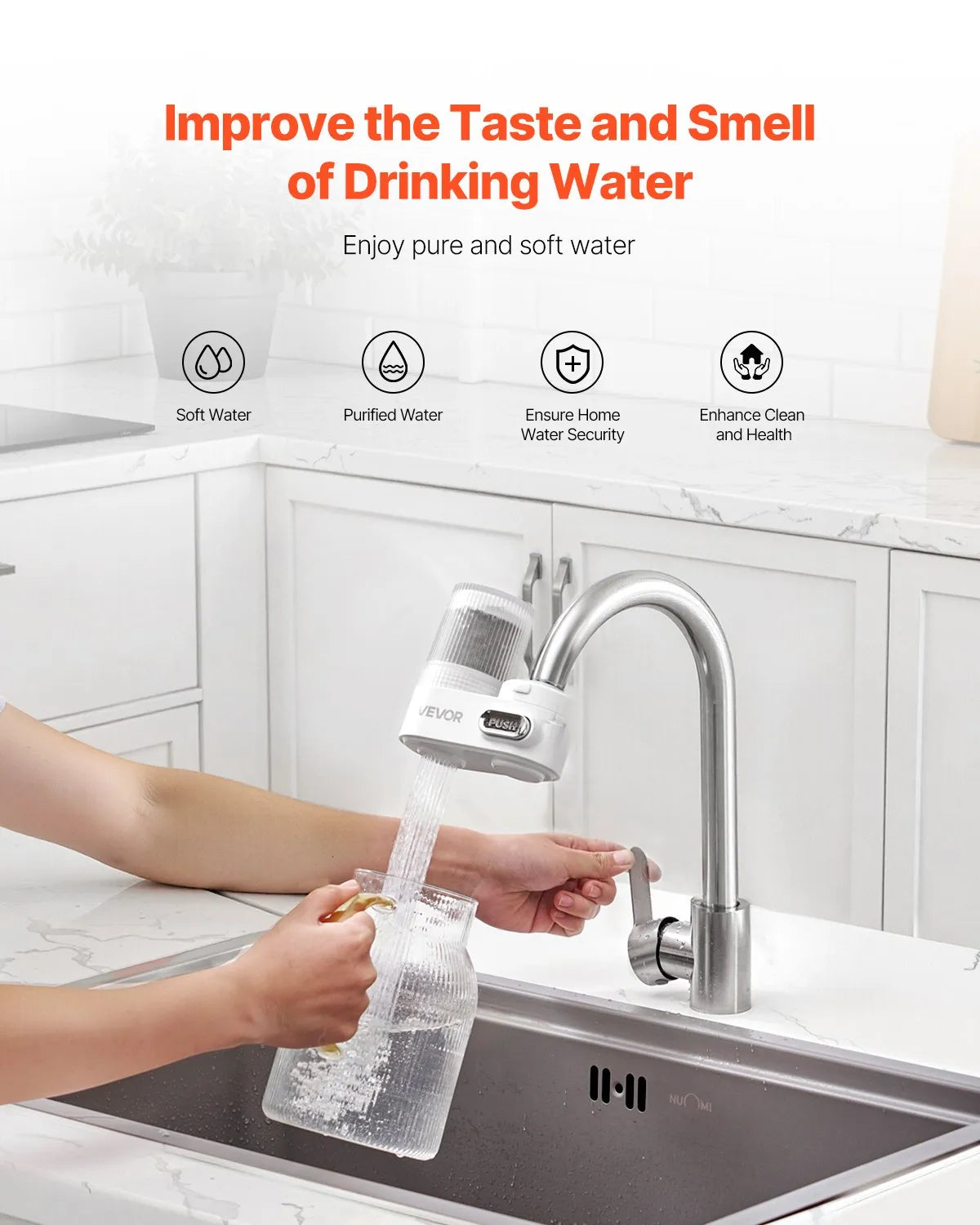 VEVOR Faucet Mount Water Filters Sink Water Purifier for Kitchen White Vertical