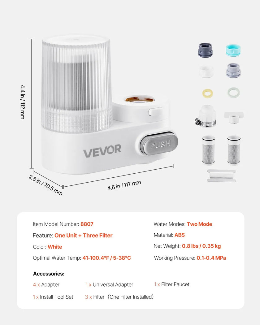 VEVOR Faucet Mount Water Filters Sink Water Purifier for Kitchen White Vertical