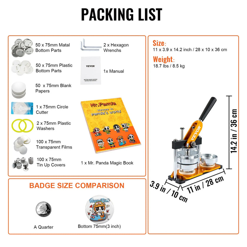 VEVOR Button Maker Machine, 75 mm (3 inch) Badge Punch Press Kit, Children DIY Gifts Pin Maker, Button Making Supplies with 100pcs Button Parts & Circle Cutter & Magic Book