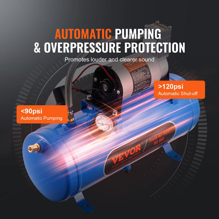 VEVOR 12V Air Compressor with Tank 1.6 Gallon/6 L, Train Horn Air Compressor, 120 psi Working Pressure Onboard Air Compressor System for Train Air Horns, Inflating Tires, Air Mattresses