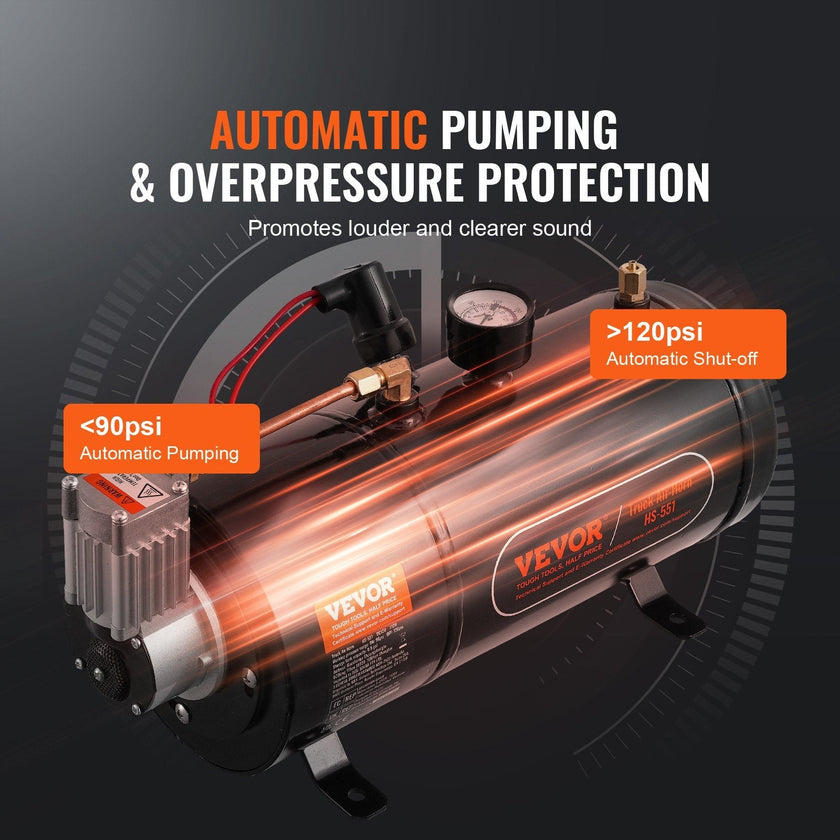 VEVOR 12V Air Compressor with Tank 0.8 Gallon/3 L, Train Horn Air Compressor, 120 psi Working Pressure Onboard Air Compressor System for Train Air Horns, Inflating Tires, Air Mattresses