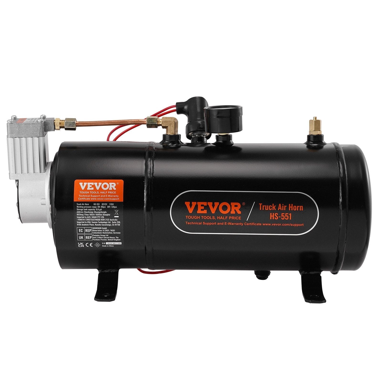 VEVOR 12V Air Compressor with Tank 0.8 Gallon/3 L, Train Horn Air Compressor, 120 psi Working Pressure Onboard Air Compressor System for Train Air Horns, Inflating Tires, Air Mattresses