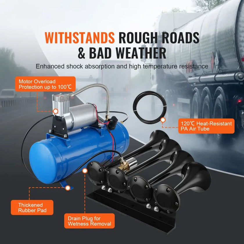 VEVOR Train Horns Kit, 4 Trumpet Air Horn Kit, 150dB Train Horns for Pickup Trucks, 12V 120 psi Air Compressor 1.6 Gal/6 L Tank with Gauge for Any 12V Vehicle Car Truck Train Van Boat