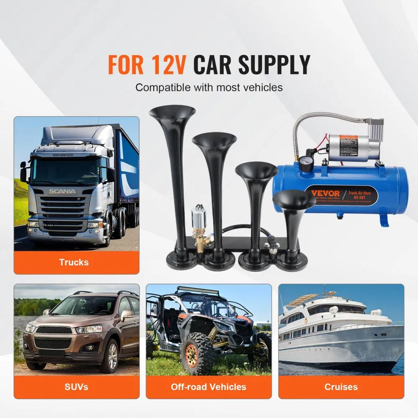 VEVOR Train Horns Kit, 4 Trumpet Air Horn Kit, 150dB Train Horns for Pickup Trucks, 12V 120 psi Air Compressor 1.6 Gal/6 L Tank with Gauge for Any 12V Vehicle Car Truck Train Van Boat