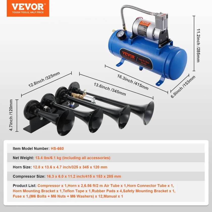 VEVOR Train Horns Kit, 4 Trumpet Air Horn Kit, 150dB Train Horns for Pickup Trucks, 12V 120 psi Air Compressor 1.6 Gal/6 L Tank with Gauge for Any 12V Vehicle Car Truck Train Van Boat
