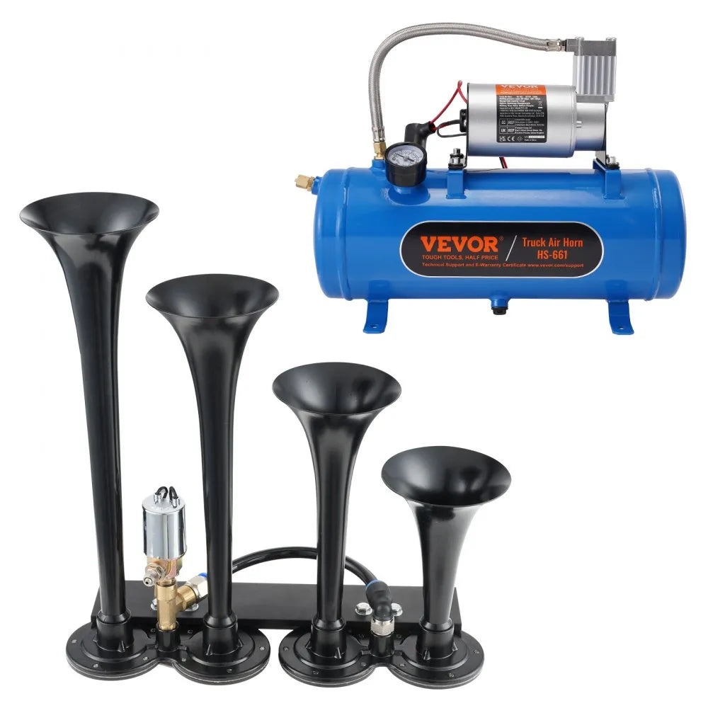 VEVOR Train Horns Kit, 4 Trumpet Air Horn Kit, 150dB Train Horns for Pickup Trucks, 12V 120 psi Air Compressor 1.6 Gal/6 L Tank with Gauge for Any 12V Vehicle Car Truck Train Van Boat