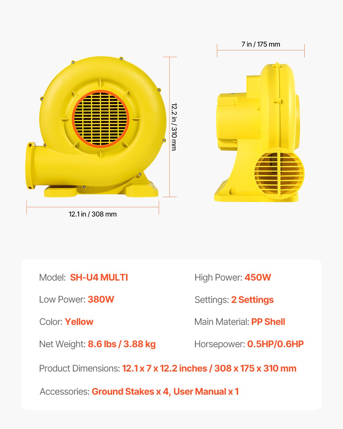 VEVOR Inflatable Bounce House Blower 0.5&0.6HP 450W for Commercial Bounce House