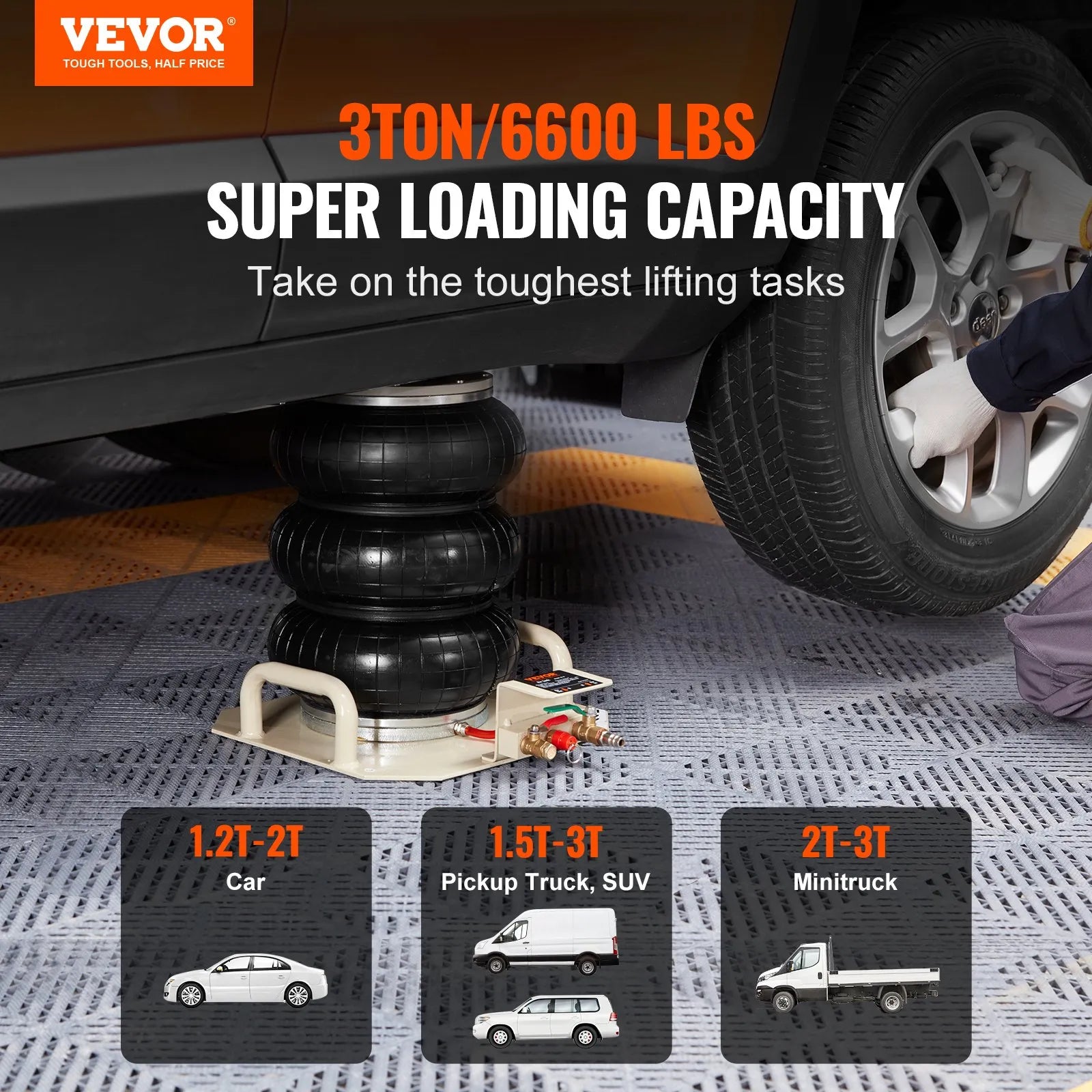 VEVOR Air Jack, 3 Ton/6600 lbs Triple Bag Air Jack, Airbag Jack with Six Steel Pipes, Lift up to 17.7 inch/450 mm, 3-5 s Fast Lifting Pneumatic Jack, with Side Handles for Car, Garage, Repair (Beige)