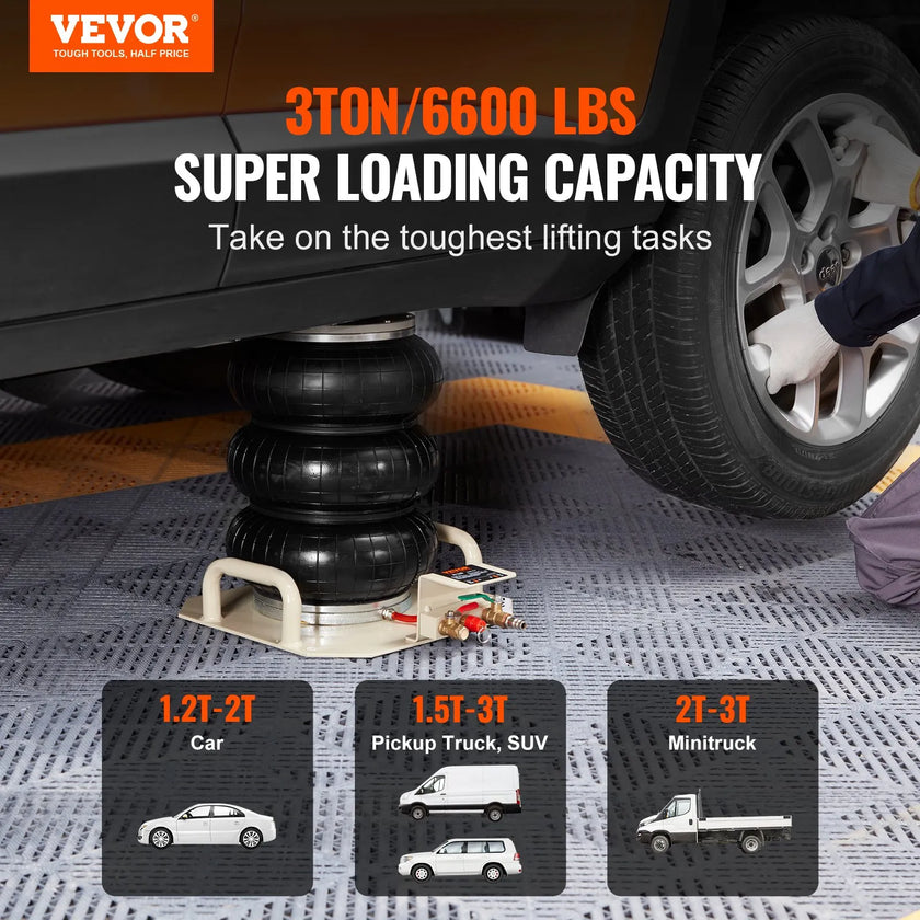 VEVOR Air Jack, 3 Ton/6600 lbs Triple Bag Air Jack, Airbag Jack with Six Steel Pipes, Lift up to 17.7 inch/450 mm, 3-5 s Fast Lifting Pneumatic Jack, with Side Handles for Car, Garage, Repair (Beige)