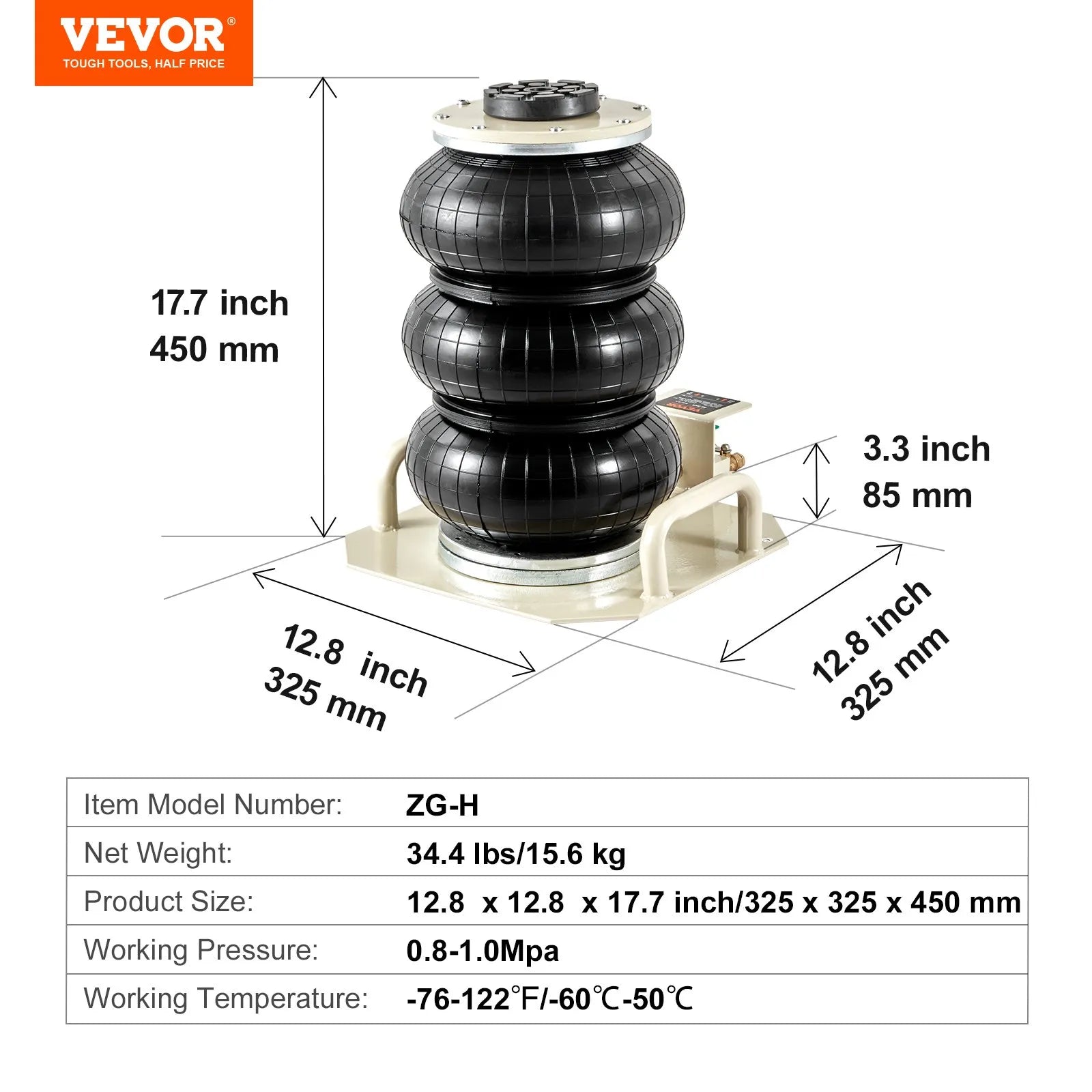 VEVOR Air Jack, 3 Ton/6600 lbs Triple Bag Air Jack, Airbag Jack with Six Steel Pipes, Lift up to 17.7 inch/450 mm, 3-5 s Fast Lifting Pneumatic Jack, with Side Handles for Car, Garage, Repair (Beige)