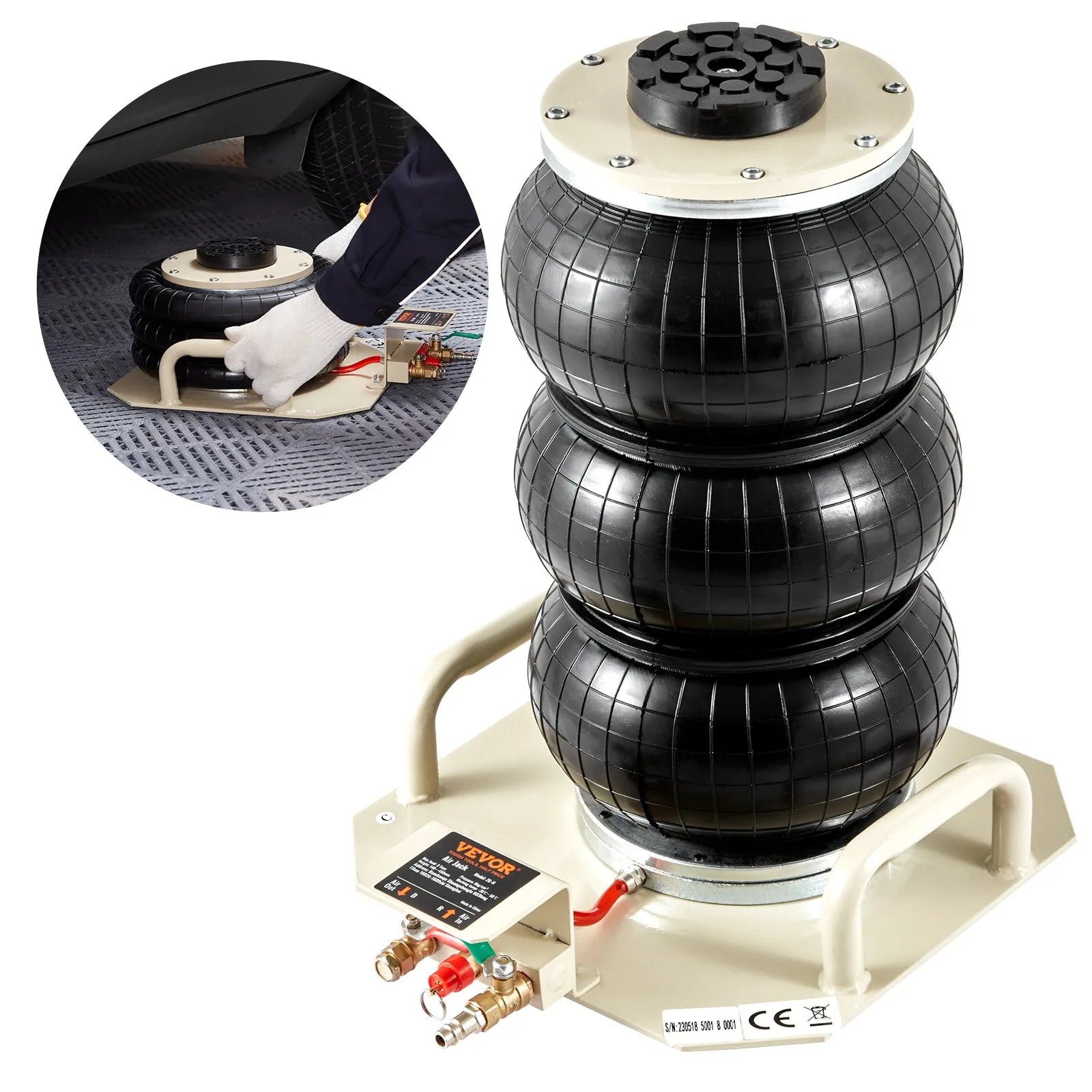 VEVOR Air Jack, 3 Ton/6600 lbs Triple Bag Air Jack, Airbag Jack with Six Steel Pipes, Lift up to 17.7 inch/450 mm, 3-5 s Fast Lifting Pneumatic Jack, with Side Handles for Car, Garage, Repair (Beige)