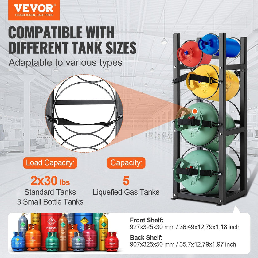 VEVOR Refrigerant Tank Rack, with 2 x 30lbs and Other 3 Small Bottle Tanks, Cylinder Tank Rack 12.79x12.99x47.12 in, Refrigerant Cylinder Rack and Holders for Freon, Gases, Oxygen, Nitrogen