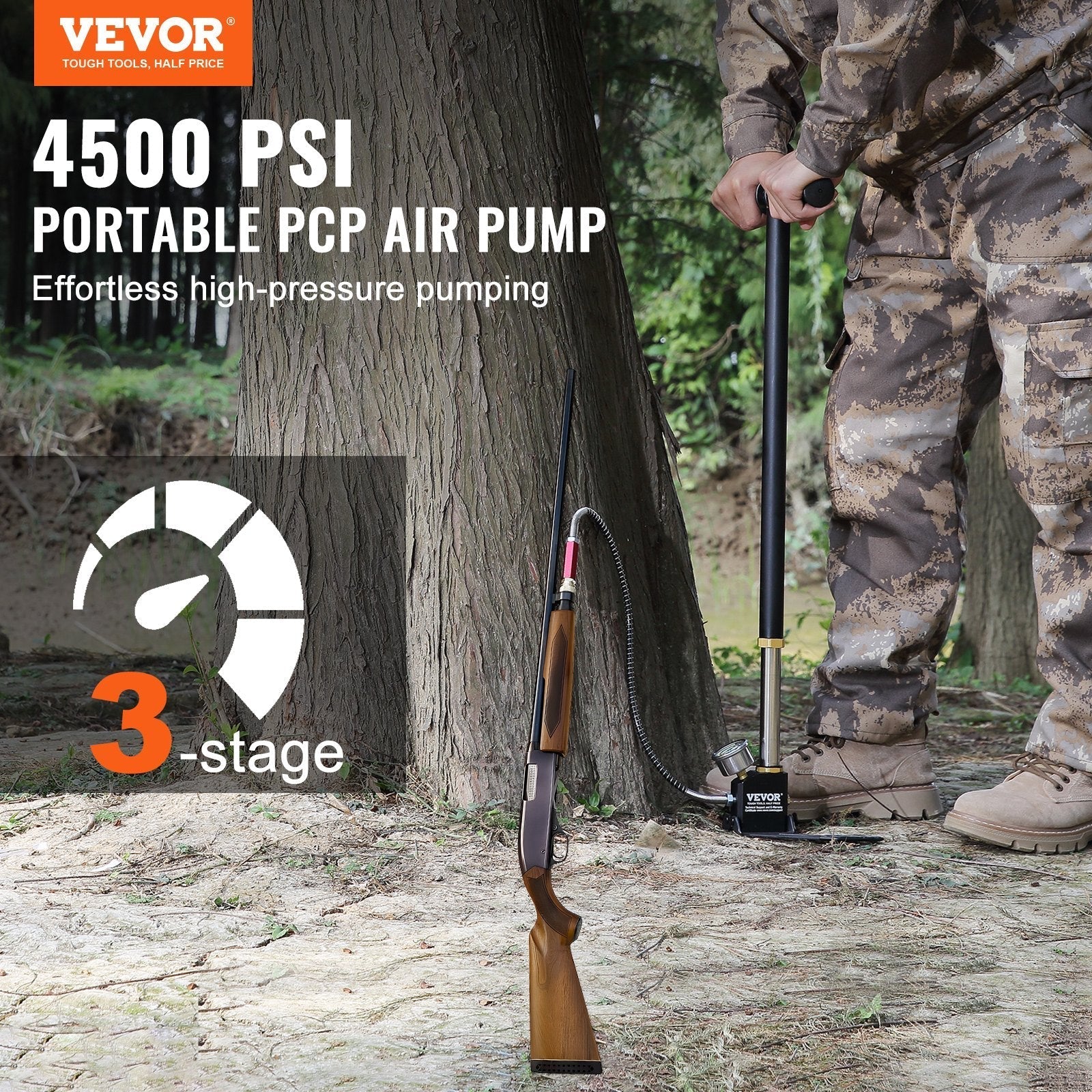 VEVOR High Pressure Hand Pump 3 Stage Airgun PCP Pump 4500PSI Stirrup Pump Air Rifle Filling Stirrup Pump(30MPA)