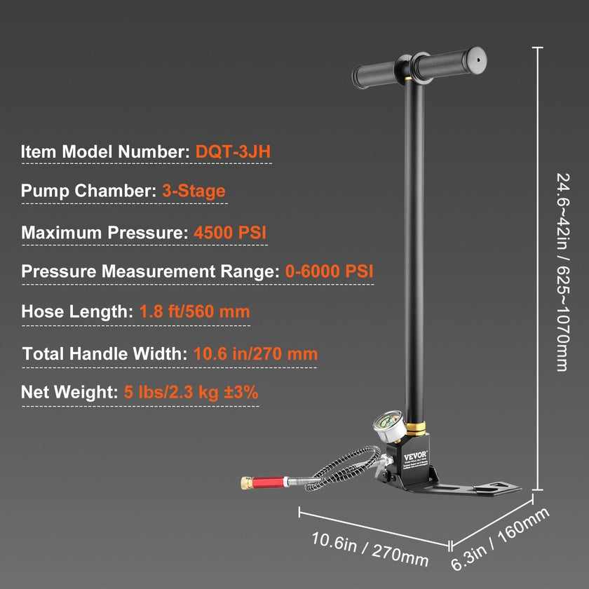 VEVOR High Pressure Hand Pump 3 Stage Airgun PCP Pump 4500PSI Stirrup Pump Air Rifle Filling Stirrup Pump(30MPA)