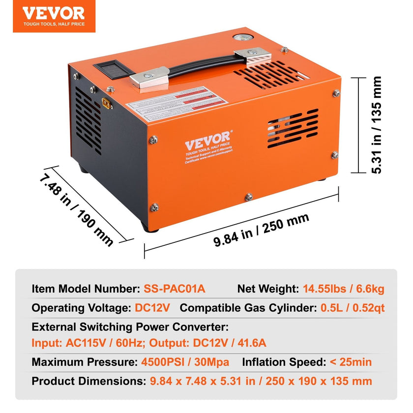 VEVOR PCP Air Compressor, 4500PSI/30Mpa Portable PCP Compressor with External Converter, DC12V, AC115V | Oil & Water-Free | Manual-Stop Compressor Pump