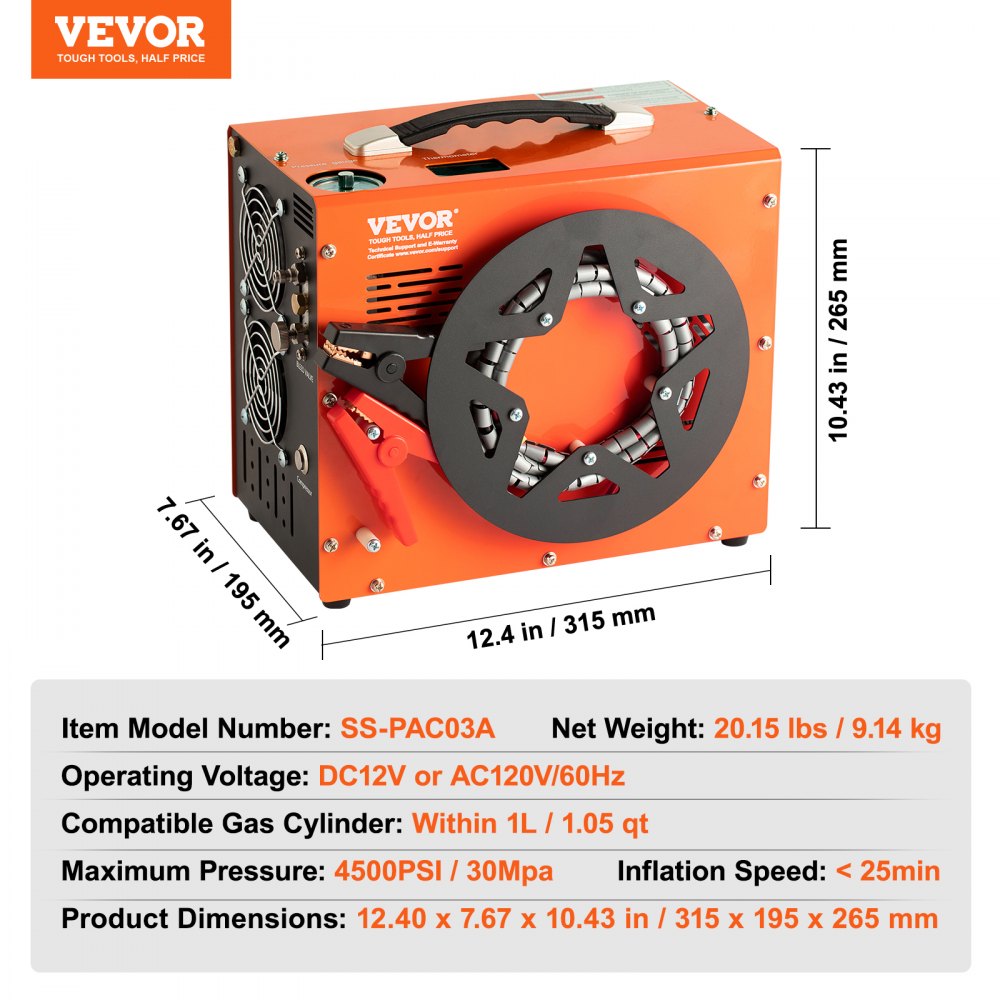 VEVOR PCP Air Compressor, 4500PSI/30Mpa Portable PCP Compressor with Built-in Power Converter, Auto-Stop | DC12V/AC120V | Oil & Water-Free Compressor Pump