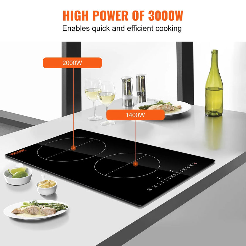 VEVOR Electric Cooktop, 2 Burners, 12'' Induction Stove Top, Built-in Magnetic Cooktop 3000W, 9 Heating Level Multifunctional Burner, LED Touch Screen w/ Child Lock & Over-Temperature Protection