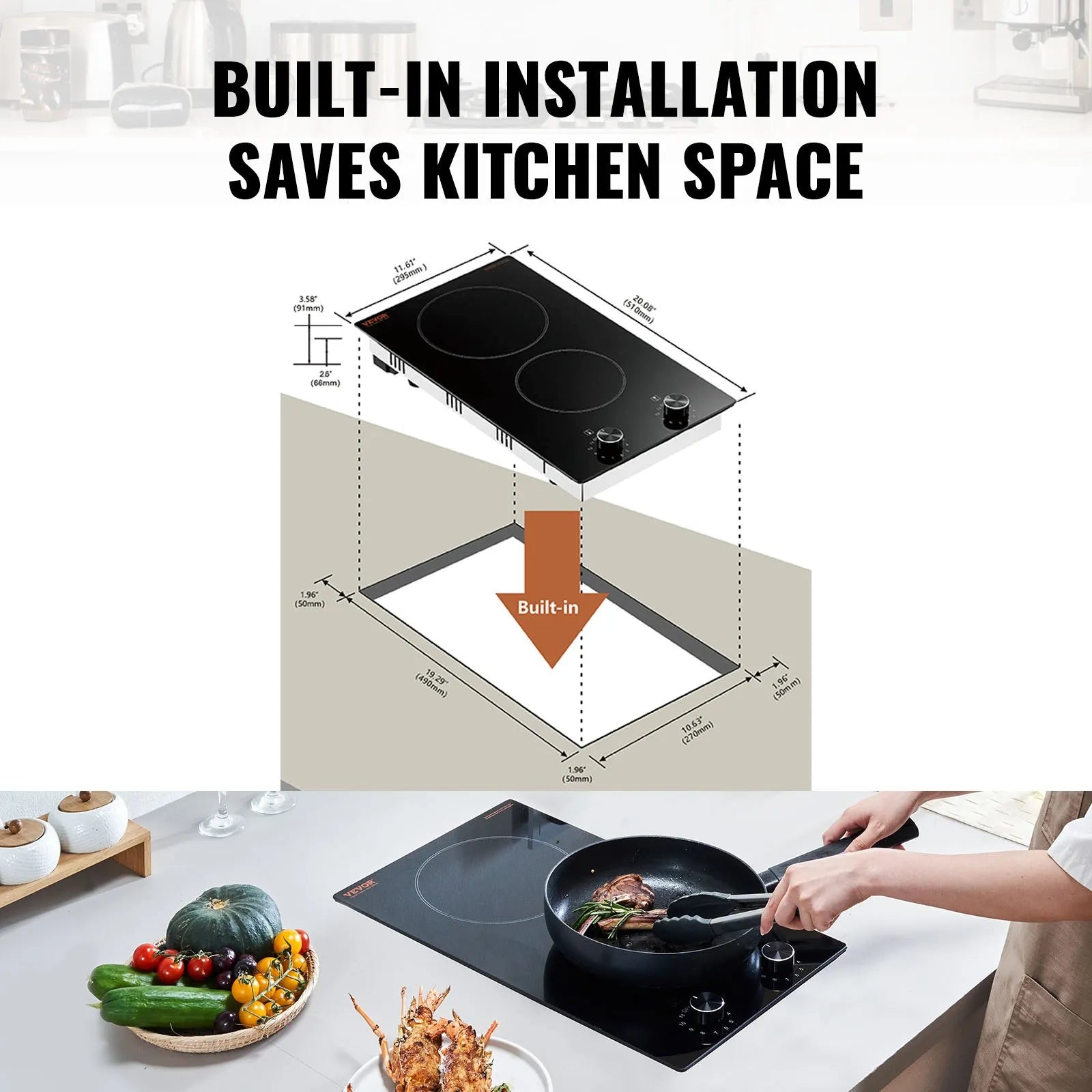 VEVOR Built-in Electric Cooktop Radiant Ceramic Cooktop 2 Burners 20.1x11.6 inch