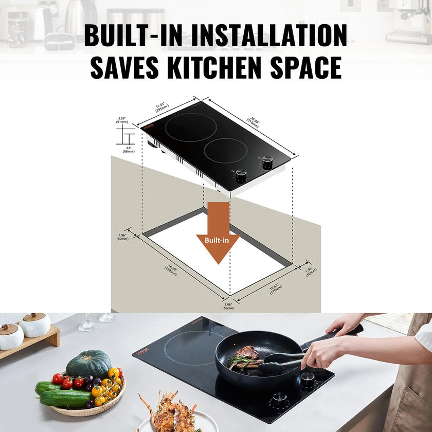 VEVOR Built-in Electric Cooktop Radiant Ceramic Cooktop 2 Burners 20.1x11.6 inch