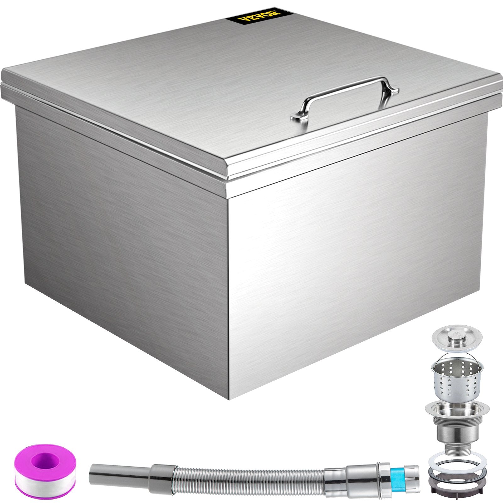 VEVOR Drop in Ice Bin Chest 20x18 inch Drop in Cooler Stainless Steel Outdoor Drop in Ice Chest with Cover Bar Ice Bin 45.4 qt Drop in Wine Drops Drain-pipe and Drain Plug Included for Cold Wine Beer