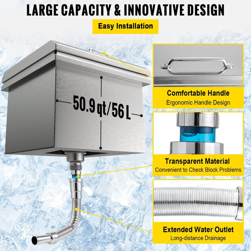 VEVOR Drop in Ice Bin Chest 20x20 inch Drop in Cooler Stainless Steel Outdoor Drop in Ice Chest with Cover Bar Ice Bin 40.9 qt Drop in Wine Drops Drain-Pipe and Drain Plug Included for Cold Wine Beer