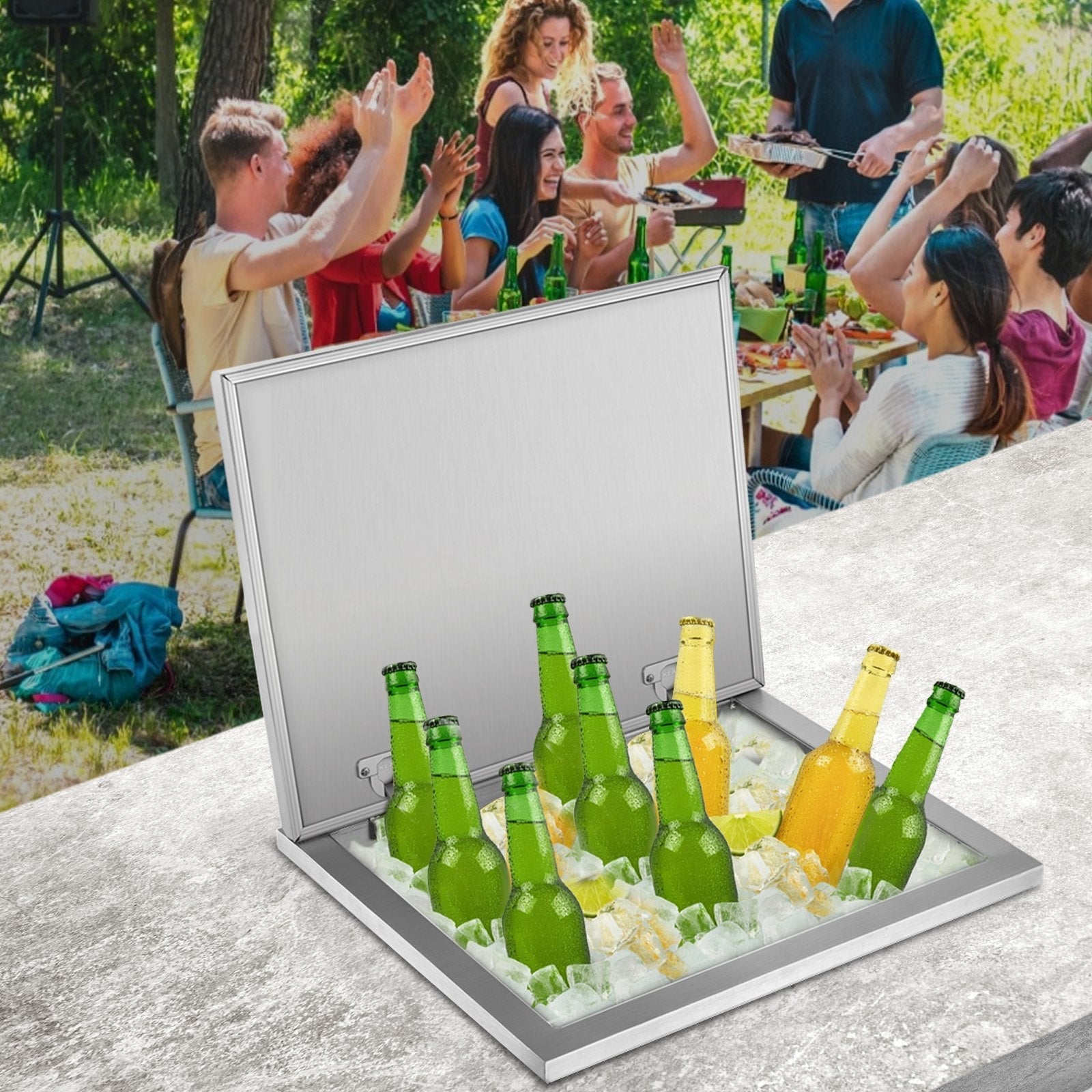 VEVOR Drop in Ice Bin Chest 28x14 inch Drop in Cooler Stainless Steel Outdoor Drop in Ice Chest with Cover Bar Ice Bin 65.4 qt Drop in Wine Drops Drain-Pipe and Drain Plug Included for Cold Wine Beer