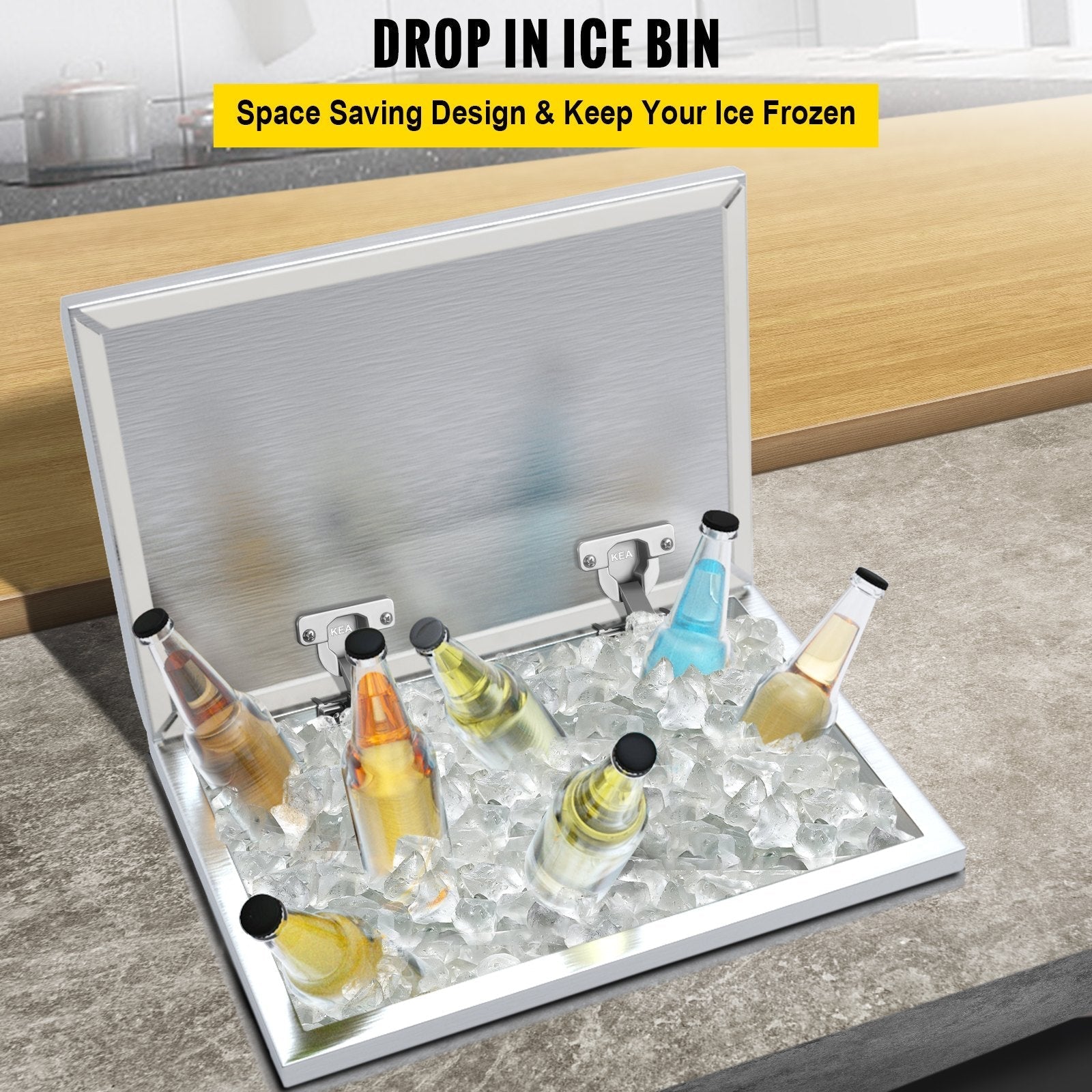 VEVOR Drop in Ice Bin Chest 28x18 inch Drop in Cooler Stainless Steel Outdoor Drop in Ice Chest with Cover Bar Ice Bin 87.2 qt Drop in Wine Drops Drain-Pipe and Drain Plug Included for Cold Wine Beer