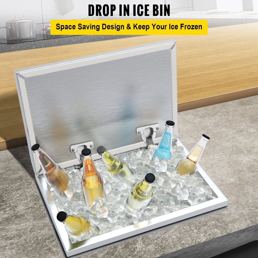 VEVOR Drop in Ice Bin Chest 28x18 inch Drop in Cooler Stainless Steel Outdoor Drop in Ice Chest with Cover Bar Ice Bin 87.2 qt Drop in Wine Drops Drain-Pipe and Drain Plug Included for Cold Wine Beer