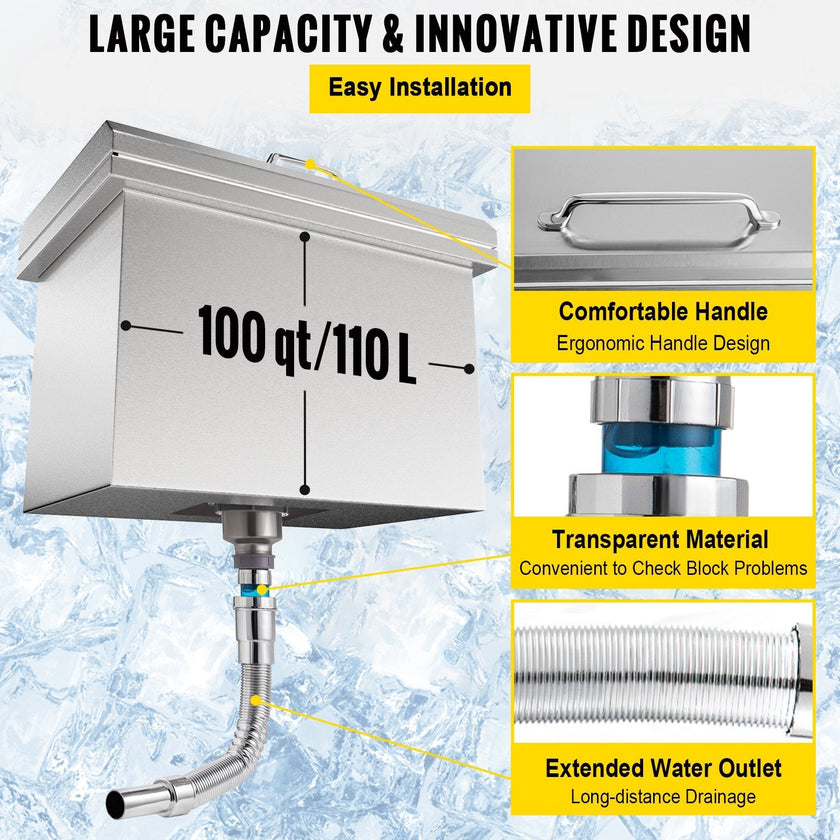 VEVOR Drop in Ice Bin Chest 28x20 inch Drop in Cooler Stainless Steel Outdoor Drop in Ice Chest with Cover Bar Ice Bin 100 qt Drop in Wine Drops Drain-Pipe and Drain Plug Included for Cold Wine Beer